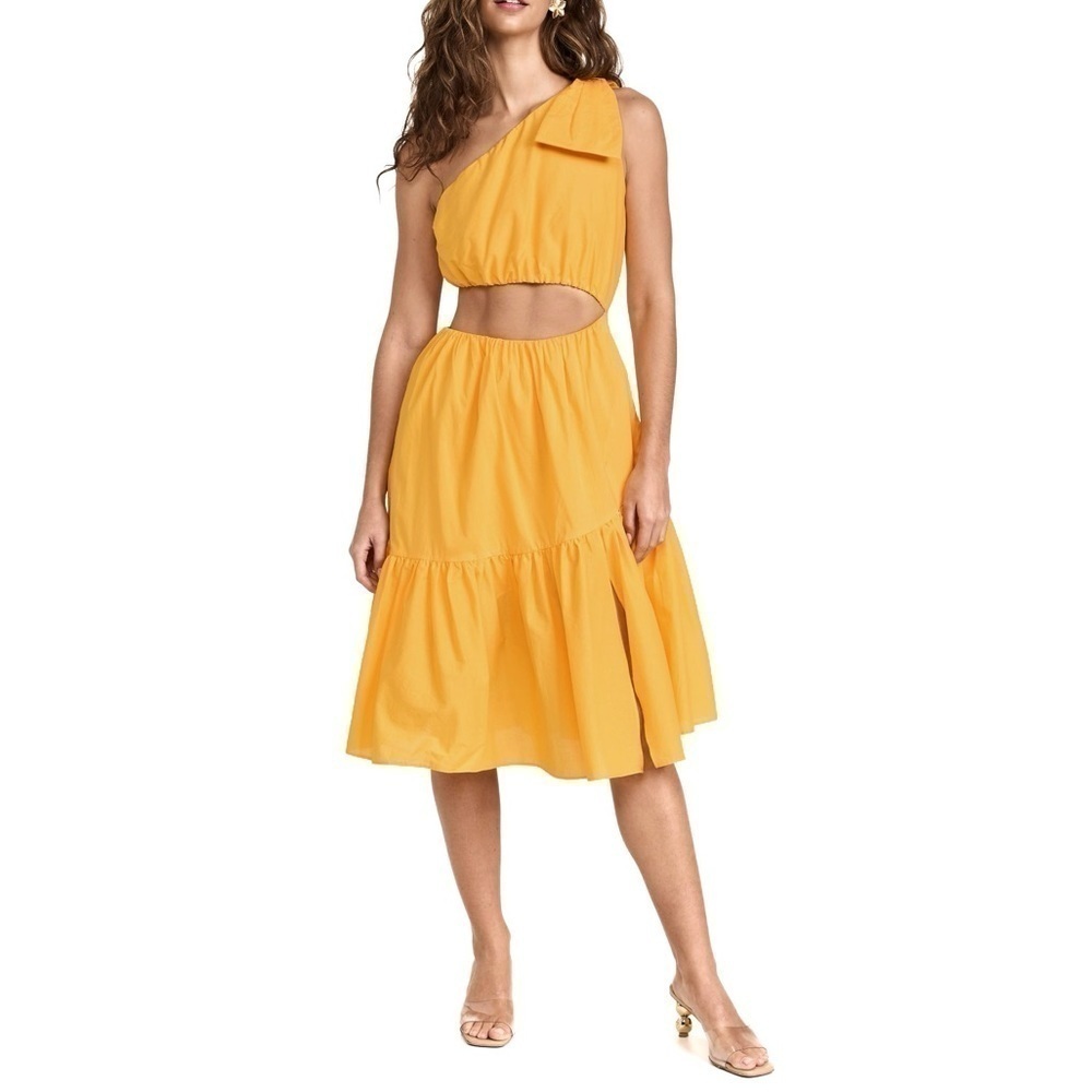 Black Halo Atlas One-Shoulder Cut-Out Midi Dress Size Large Yellow Bow New NWT